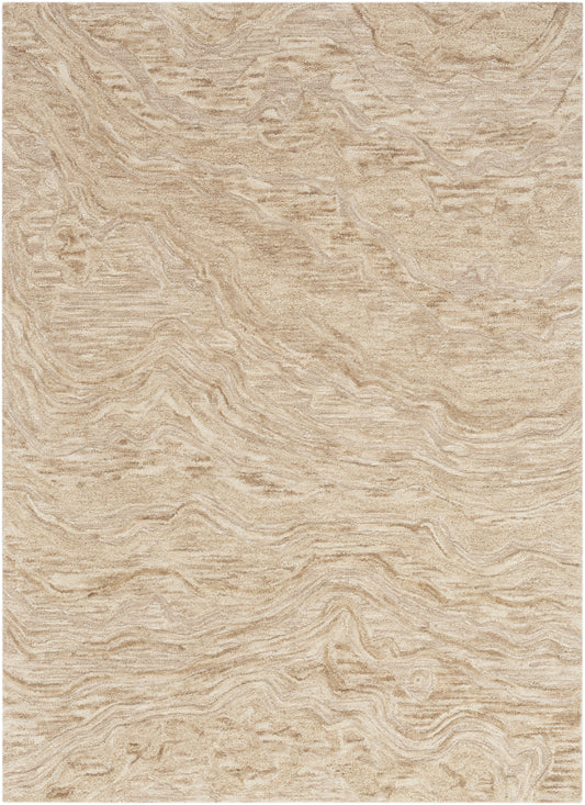 Beige plush area rug with soft, wavy wood-grain pattern; cozy neutral floor covering for living rooms.