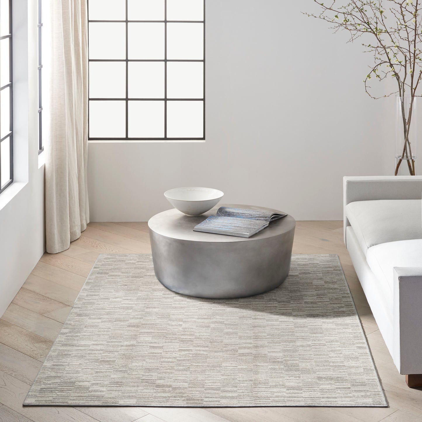 Beige area rug in a modern living room with a round gray coffee table, a white bowl, and magazines on the rug.