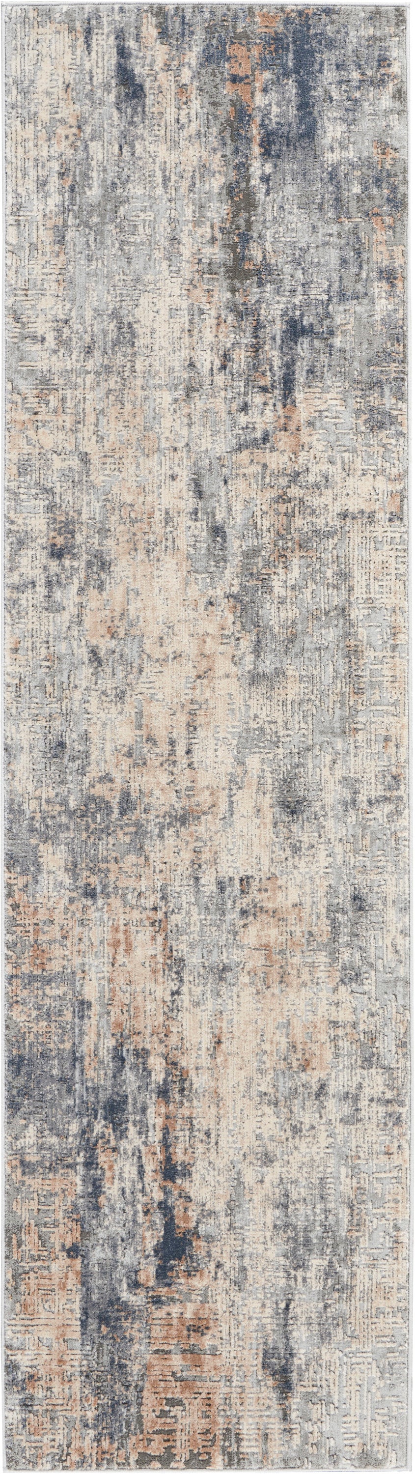 Abstract distressed area rug runner in blue, gray, beige and peach tones; long rectangular, textured pattern.
