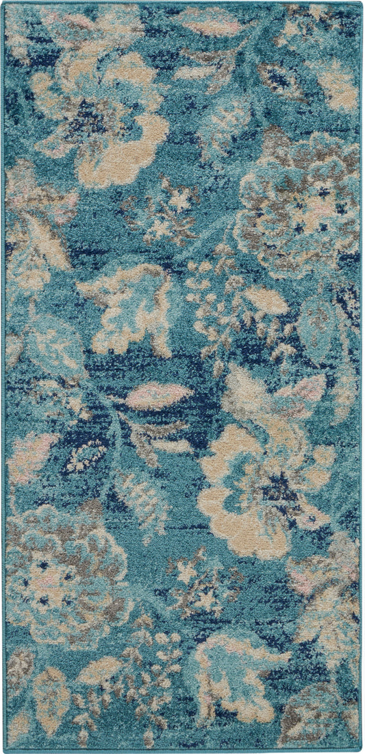 Turquoise and teal floral rug with beige highlights, plush pile, rectangular, modern-vintage style for living rooms.
