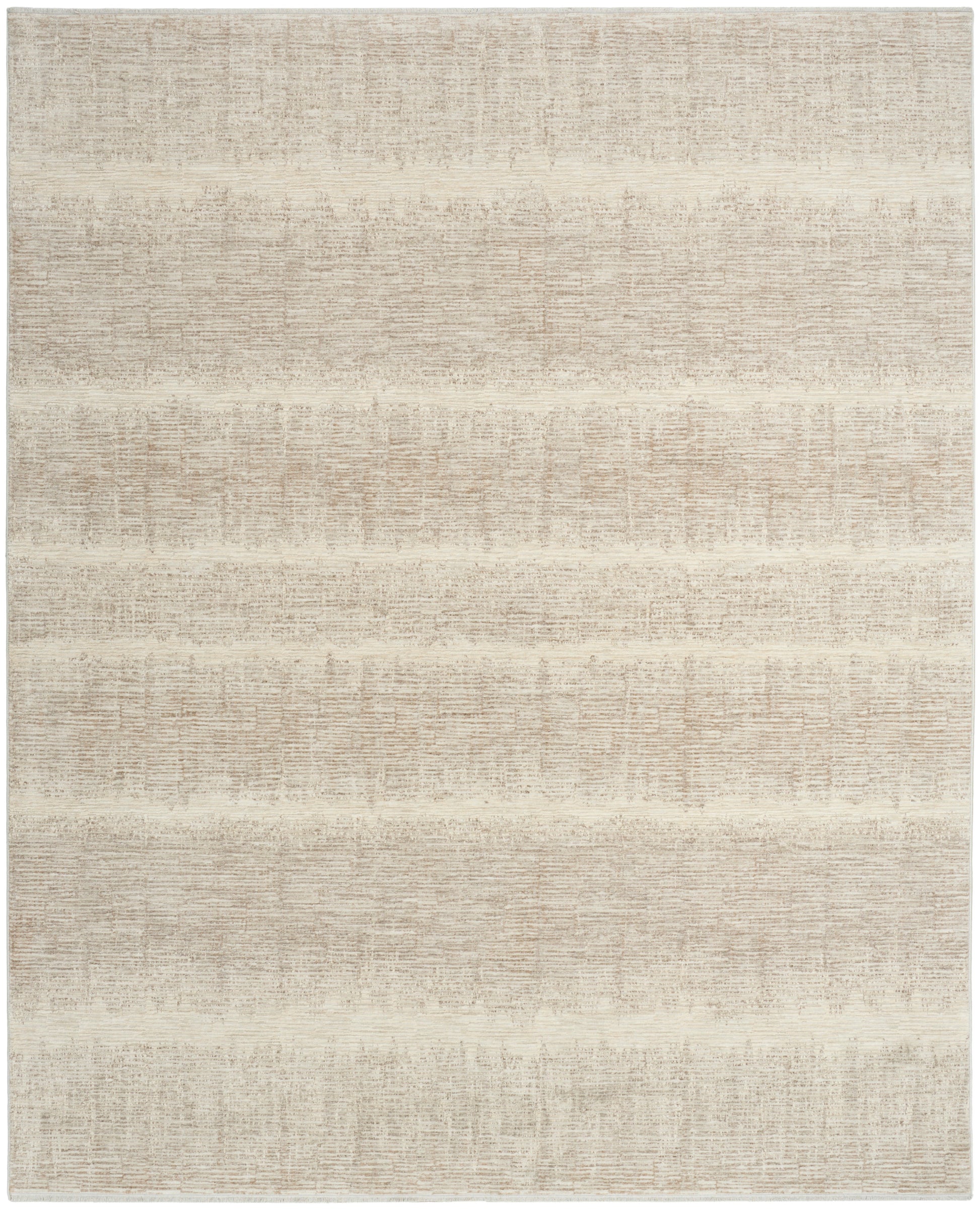 Beige textured area rug with soft horizontal bands in cream-tan tones; neutral and rectangular.