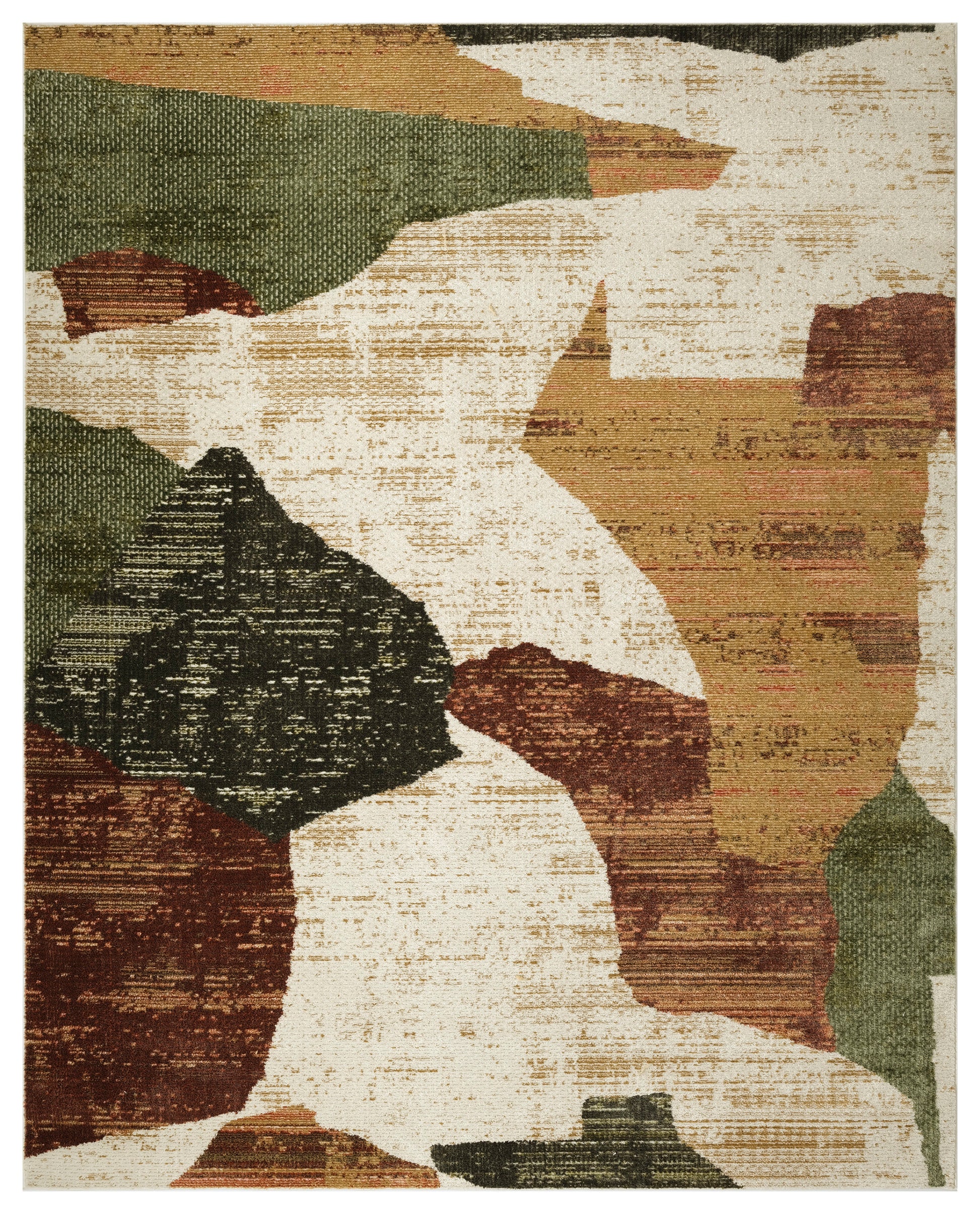 Abstract earthy-toned area rug with irregular shapes in olive green, tan, brown, cream; woven texture.