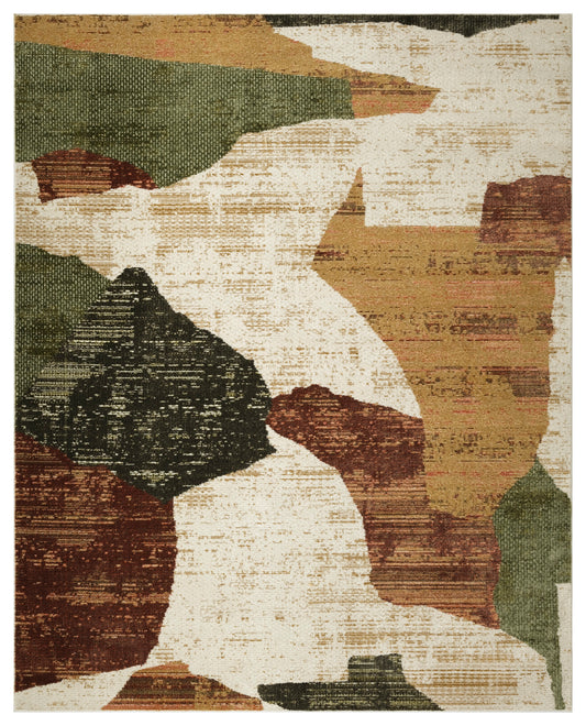 Abstract earthy-toned area rug with irregular shapes in olive green, tan, brown, cream; woven texture.