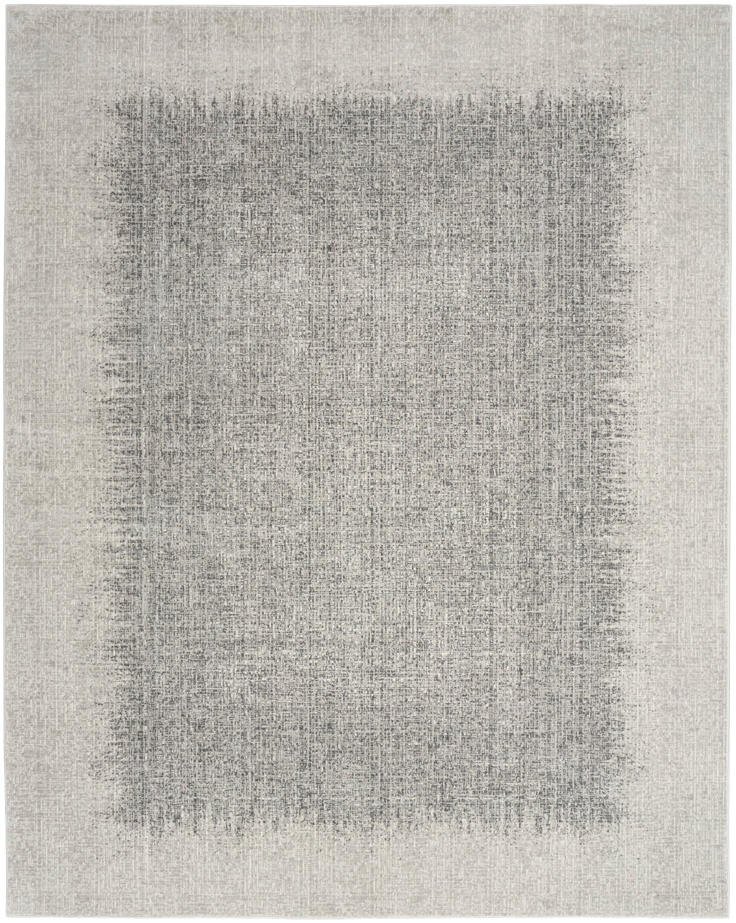 Neutral beige-gray rug with a large softly faded dark rectangle in the center, modern distressed look.