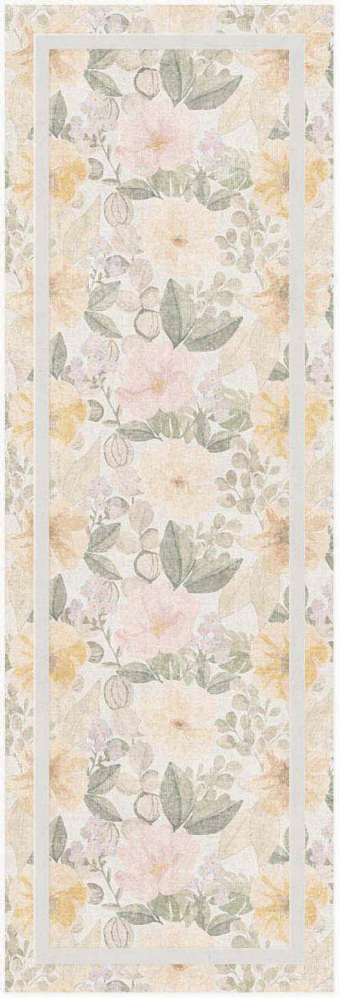 Pastel watercolor floral pattern with pink, peach and yellow blossoms and green leaves, framed by pale cream borders.