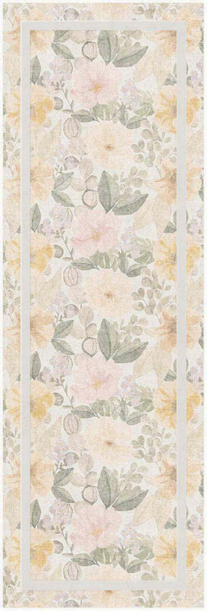 Pastel watercolor floral pattern with pink, peach and yellow blossoms and green leaves, framed by pale cream borders.