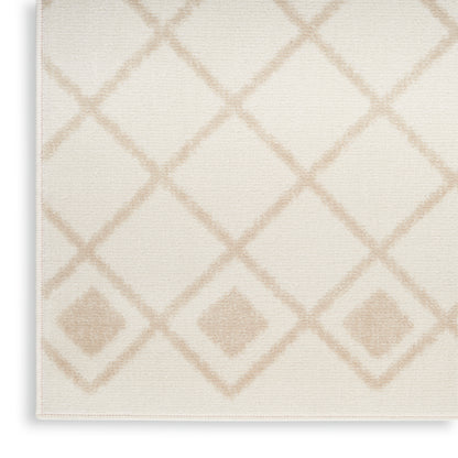 Cream woven rug with beige diamond lattice pattern and small diamonds along the bottom edge.