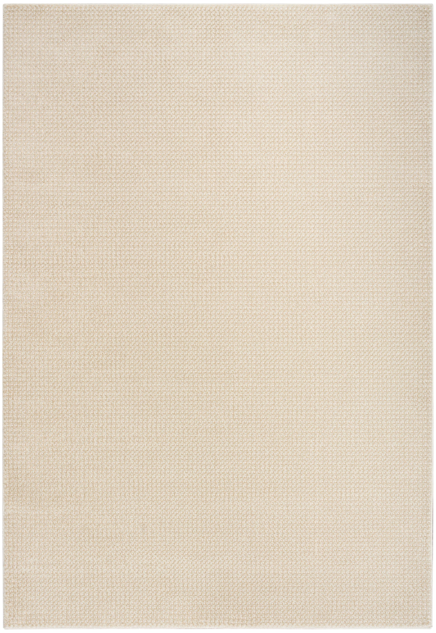 Beige rug with woven textile texture and natural linen-look, featuring a subtle grid pattern; 5' x 7'.