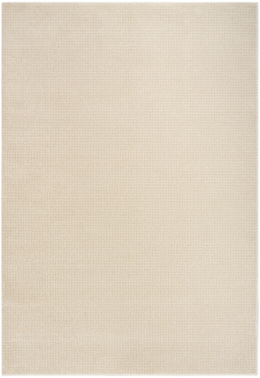 Beige rug with woven textile texture and natural linen-look, featuring a subtle grid pattern; 5' x 7'.