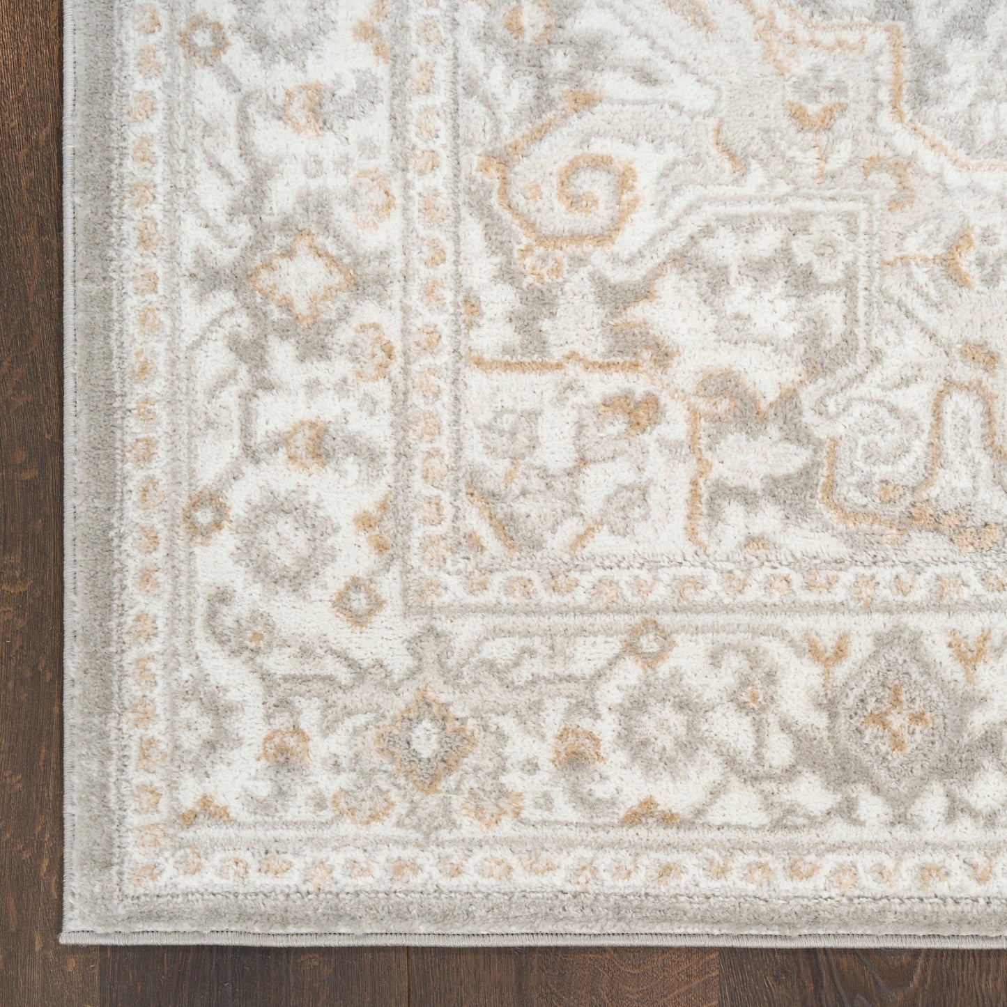 Soft gray and ivory oriental rug with beige accents and an ornate border, plush pile on dark wood floor.