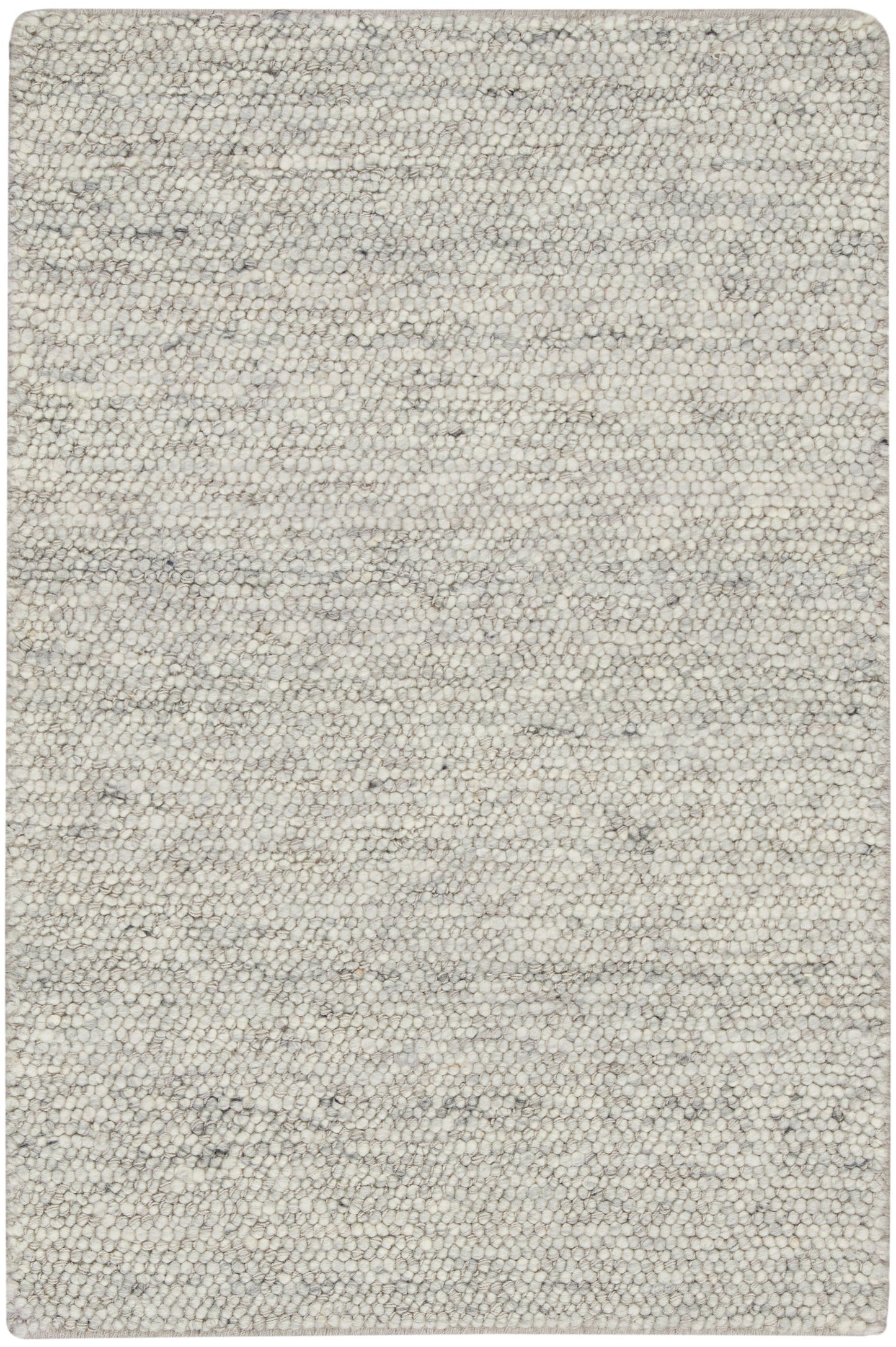 Beige speckled loop-pile rug with gray undertones; rectangular with rounded corners, cozy neutral decor.