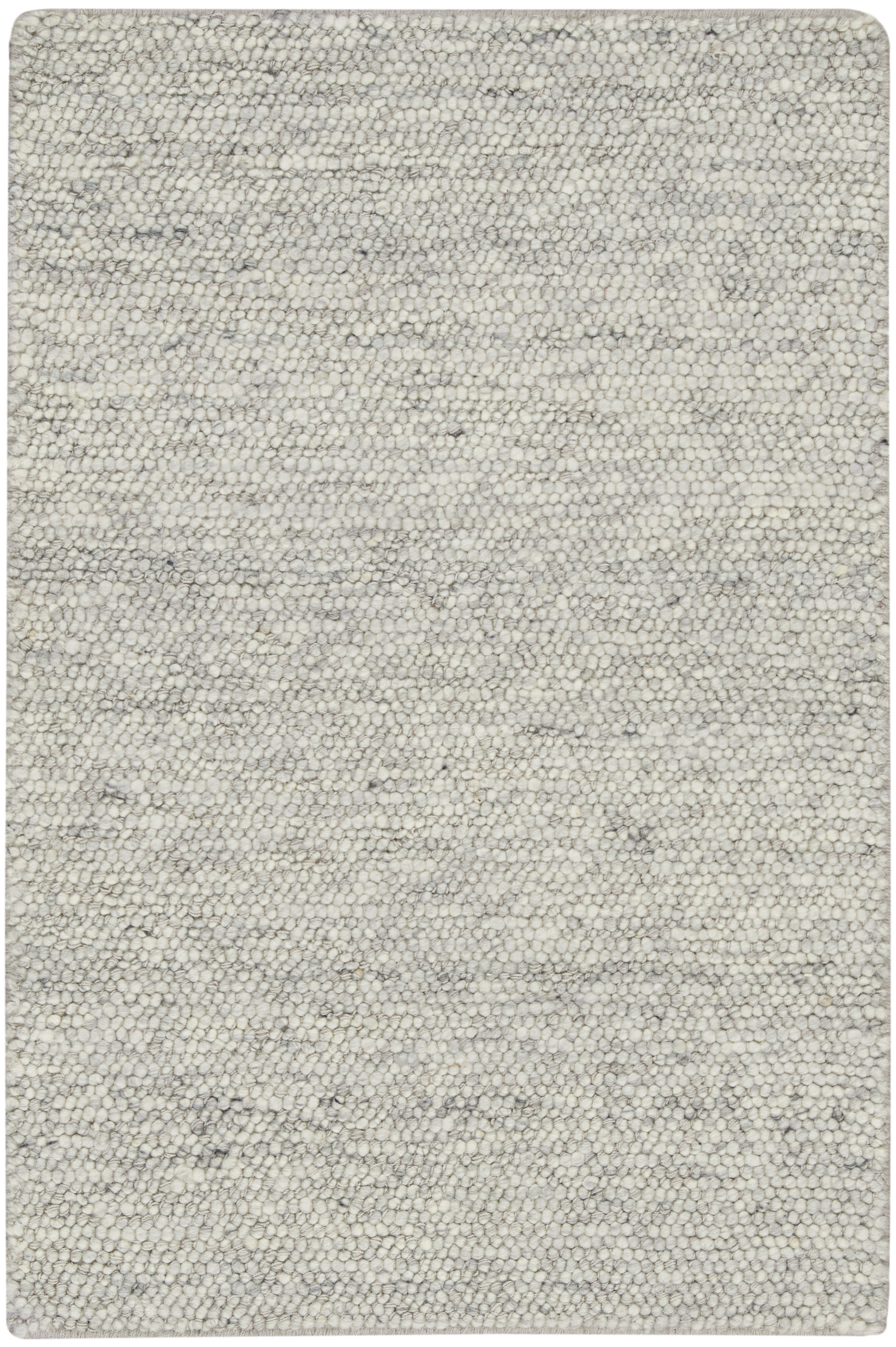 Beige speckled loop-pile rug with gray undertones; rectangular with rounded corners, cozy neutral decor.