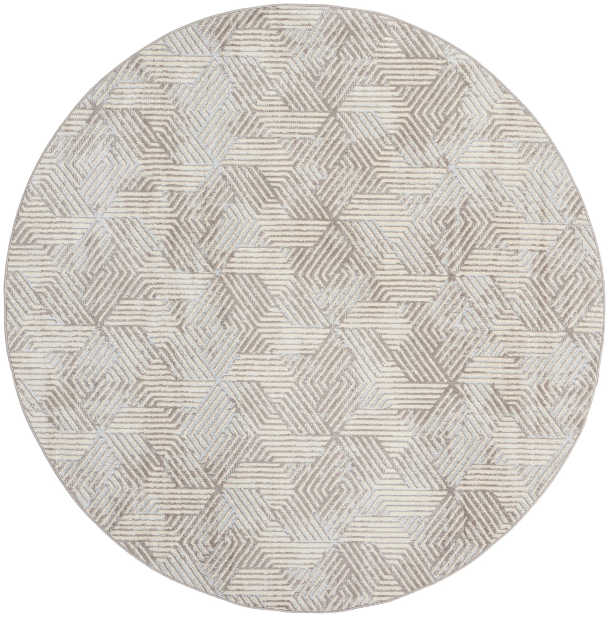 Round rug in beige, taupe and gray with interlocking striped hexagon pattern; softly textured, contemporary decor