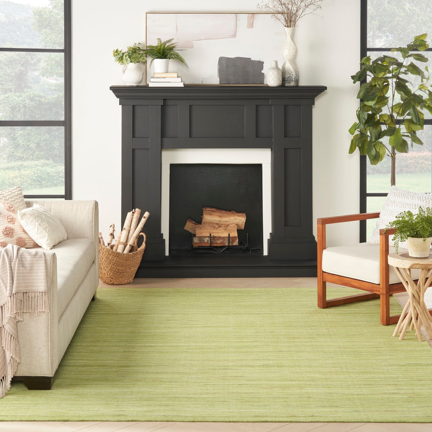 Green rug in a bright living room with a beige sofa, wooden armchair, potted plants, and a modern black fireplace mantel.