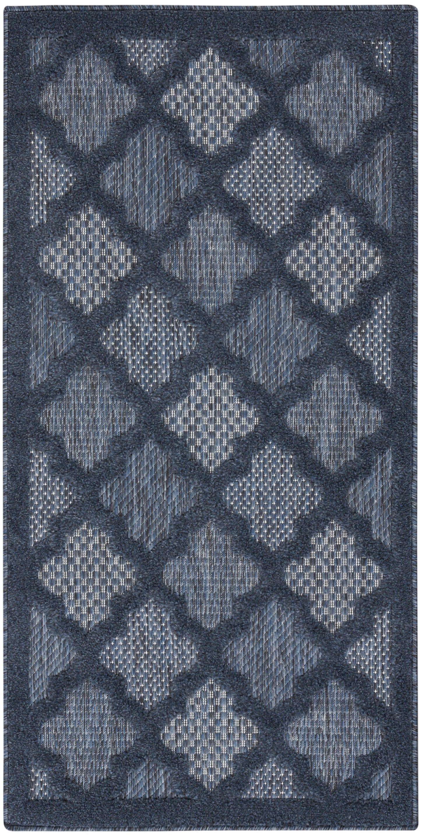 Rectangular navy-blue rug with raised diamond lattice pattern in light blue, plush woven texture for modern living spaces.