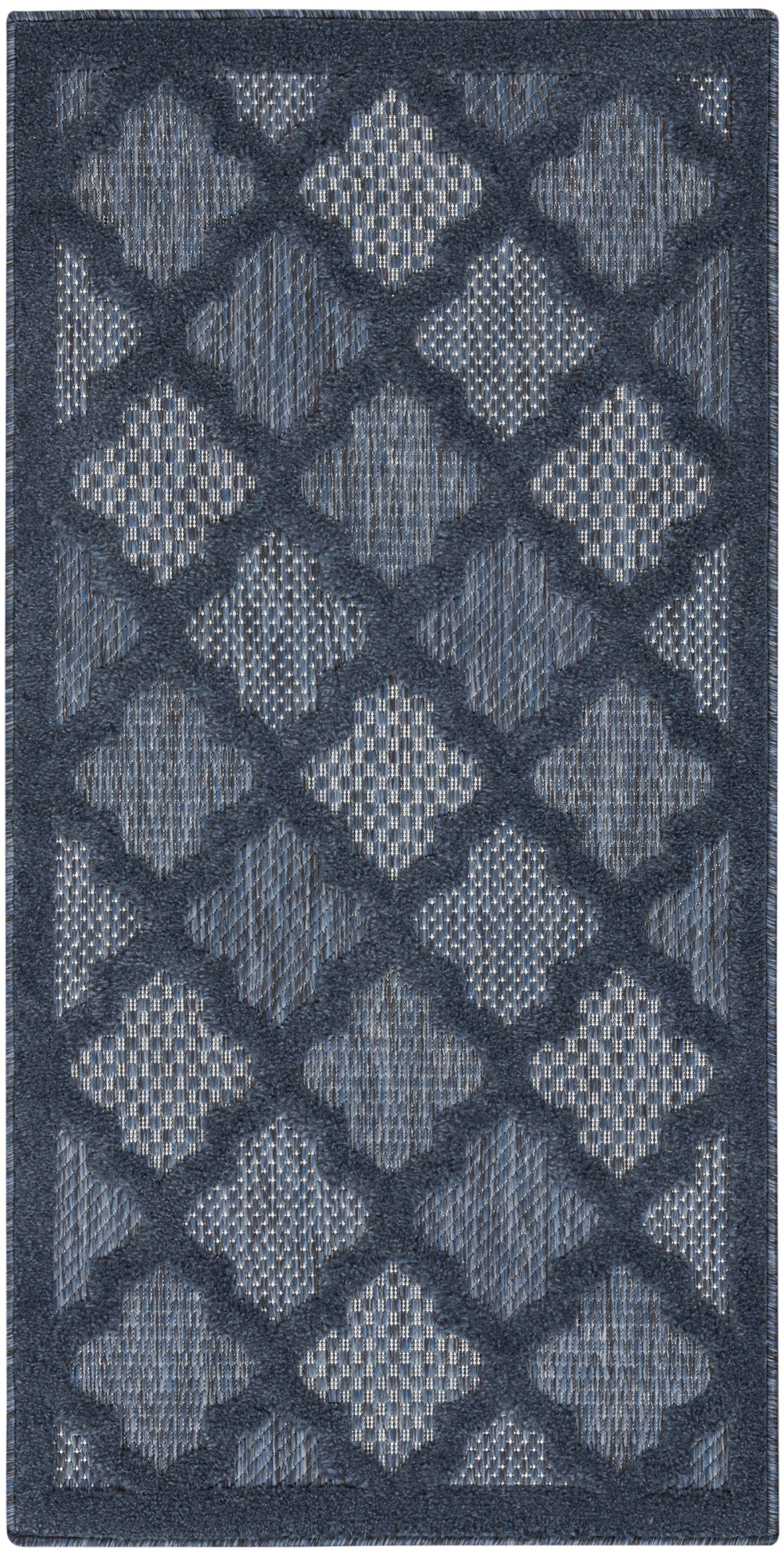 Rectangular navy-blue rug with raised diamond lattice pattern in light blue, plush woven texture for modern living spaces.