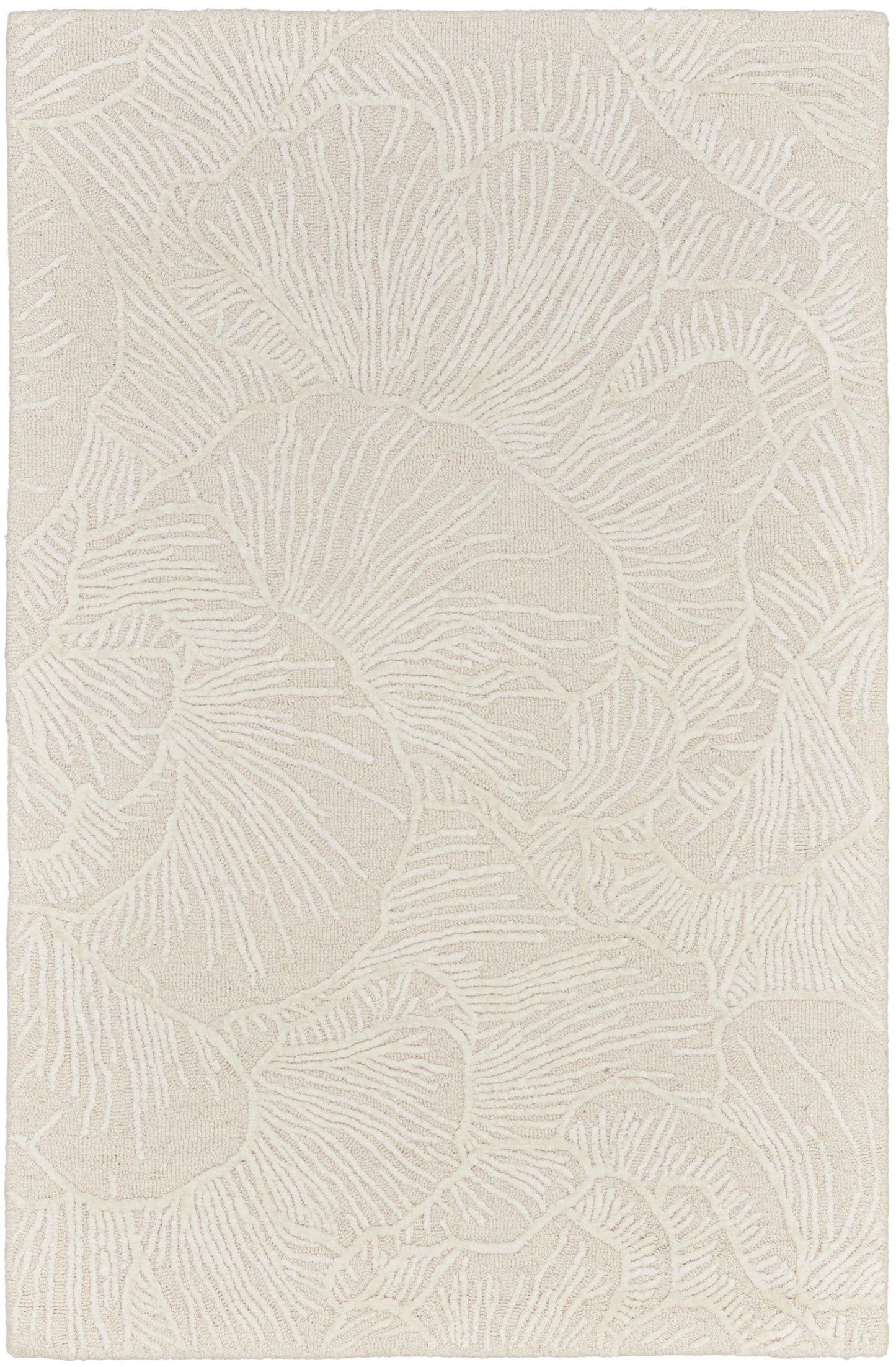 Ivory textured rug with an embossed botanical pattern of overlapping circular leaves; soft, neutral decor.