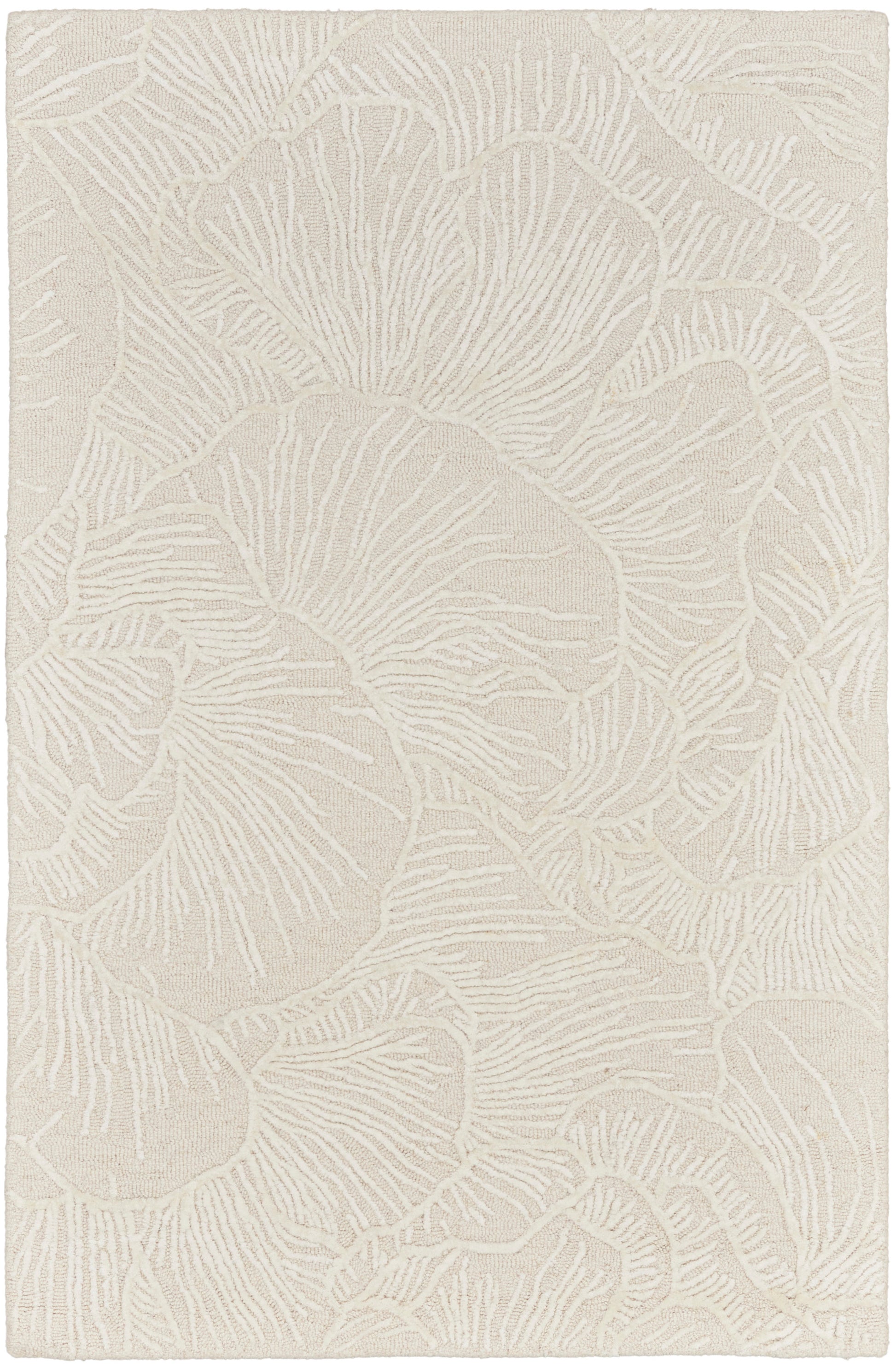 Ivory textured rug with an embossed botanical pattern of overlapping circular leaves; soft, neutral decor.