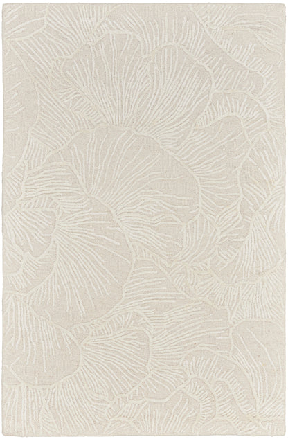 Ivory textured rug with an embossed botanical pattern of overlapping circular leaves; soft, neutral decor.