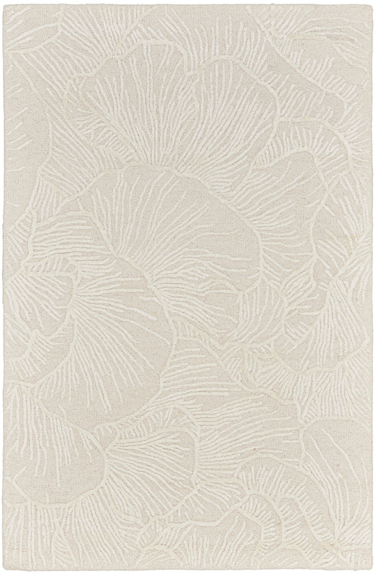 Ivory textured rug with an embossed botanical pattern of overlapping circular leaves; soft, neutral decor.