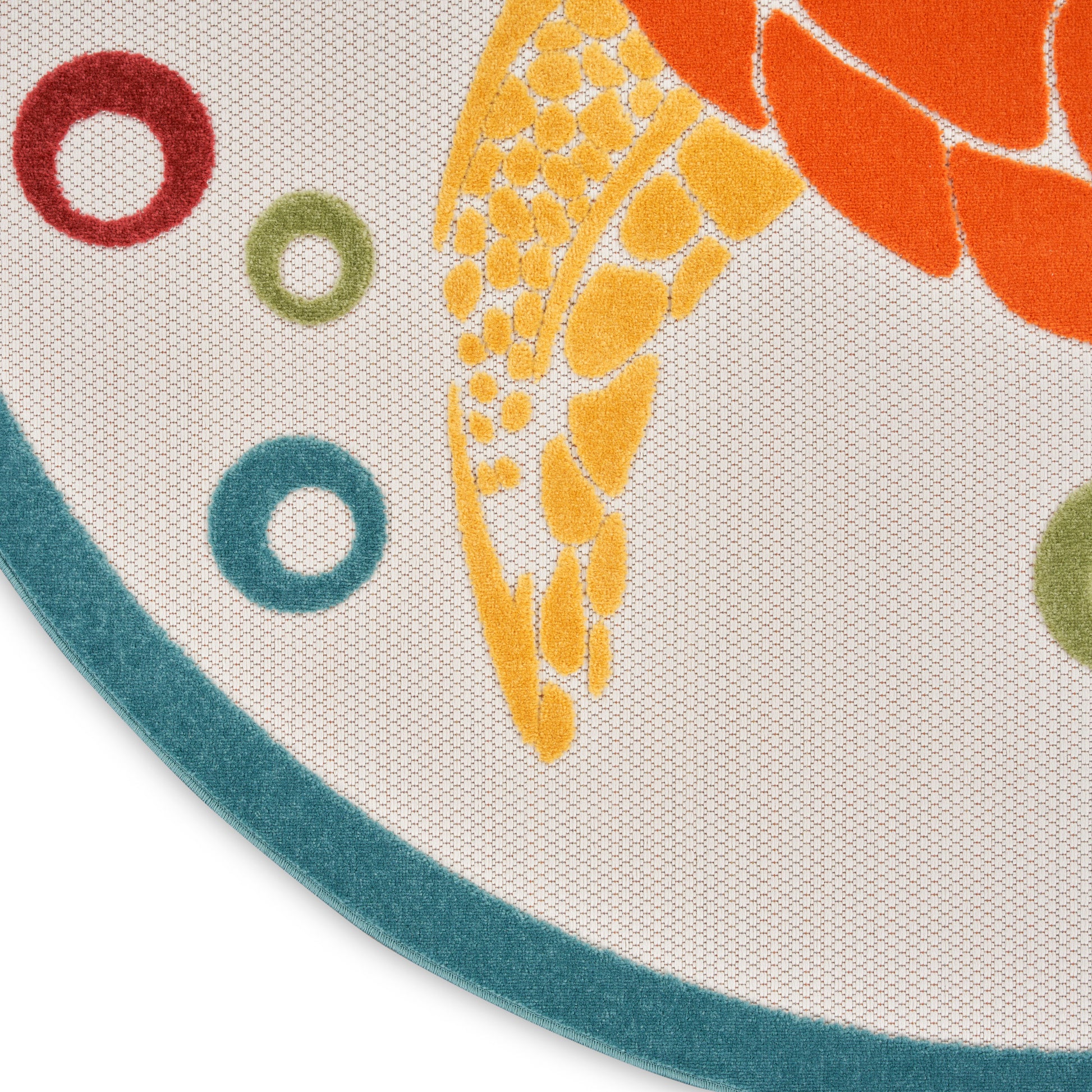 Round coastal rug featuring orange koi fish and yellow mosaic scales, teal border and colorful ring accents.