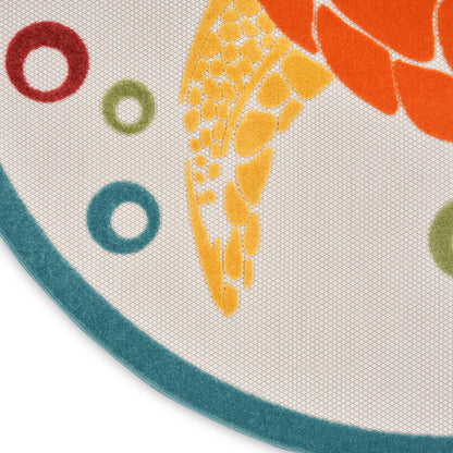 Round coastal rug featuring orange koi fish and yellow mosaic scales, teal border and colorful ring accents.