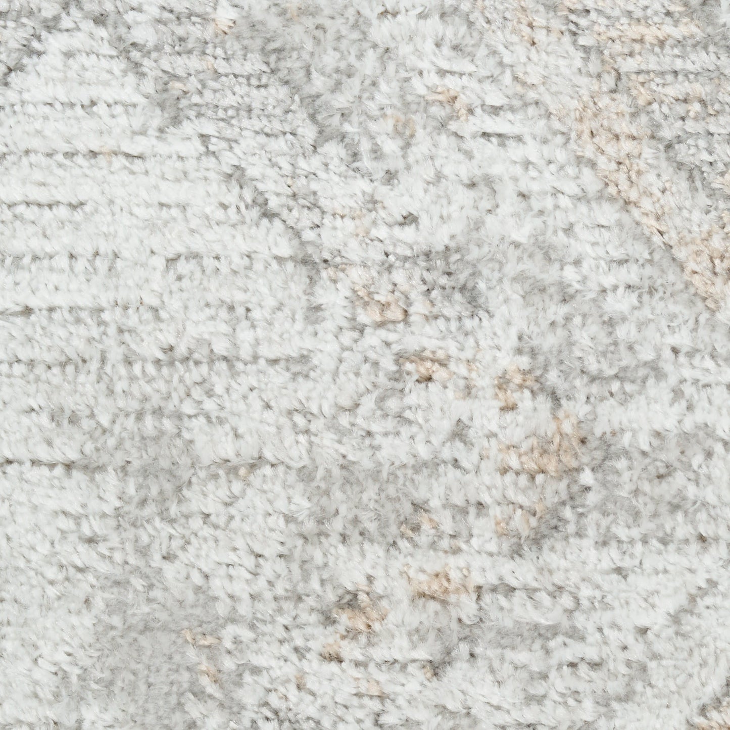 Light grey shag rug with ivory beige specks, plush high-pile texture & modern abstract pattern.