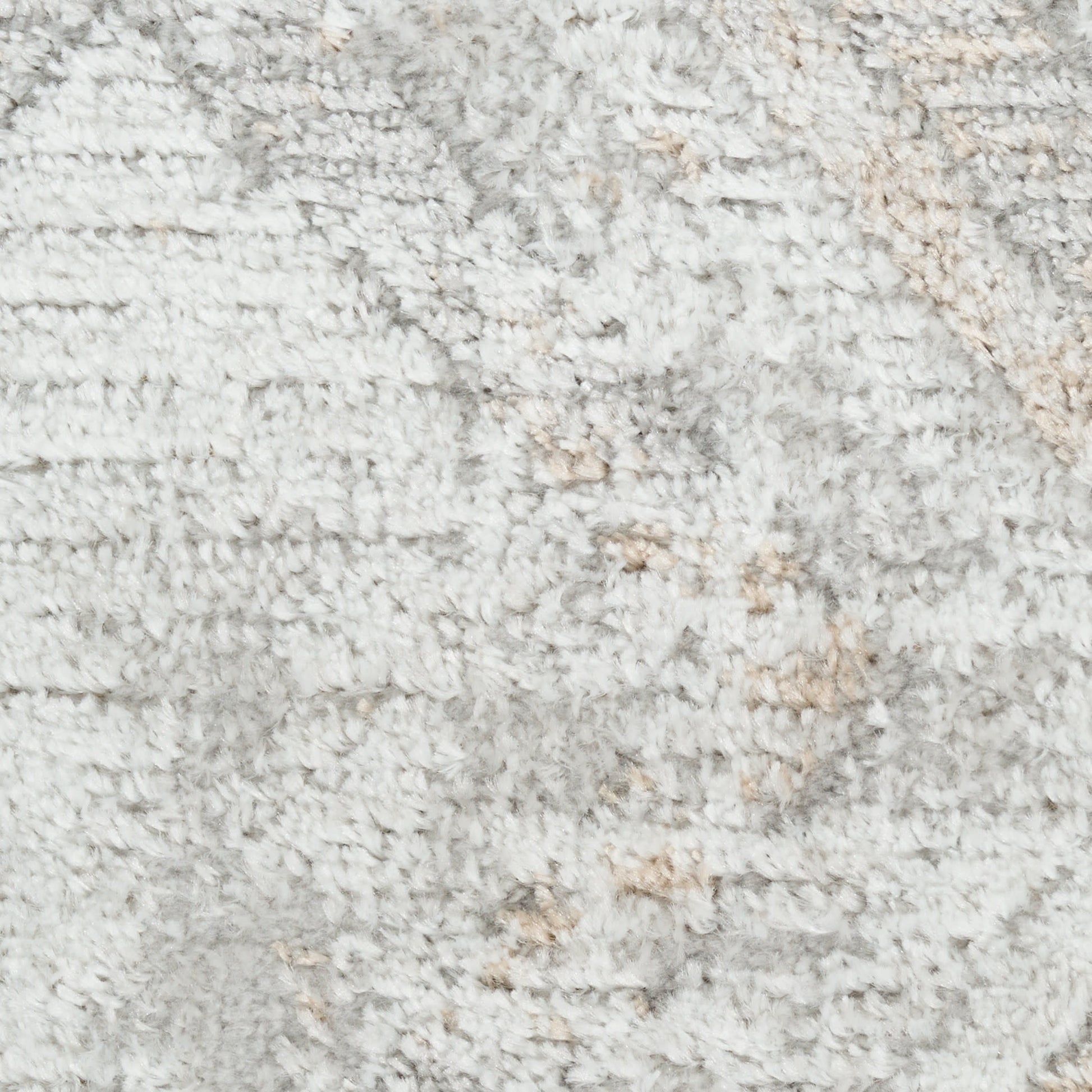 Light grey shag rug with ivory beige specks, plush high-pile texture & modern abstract pattern.