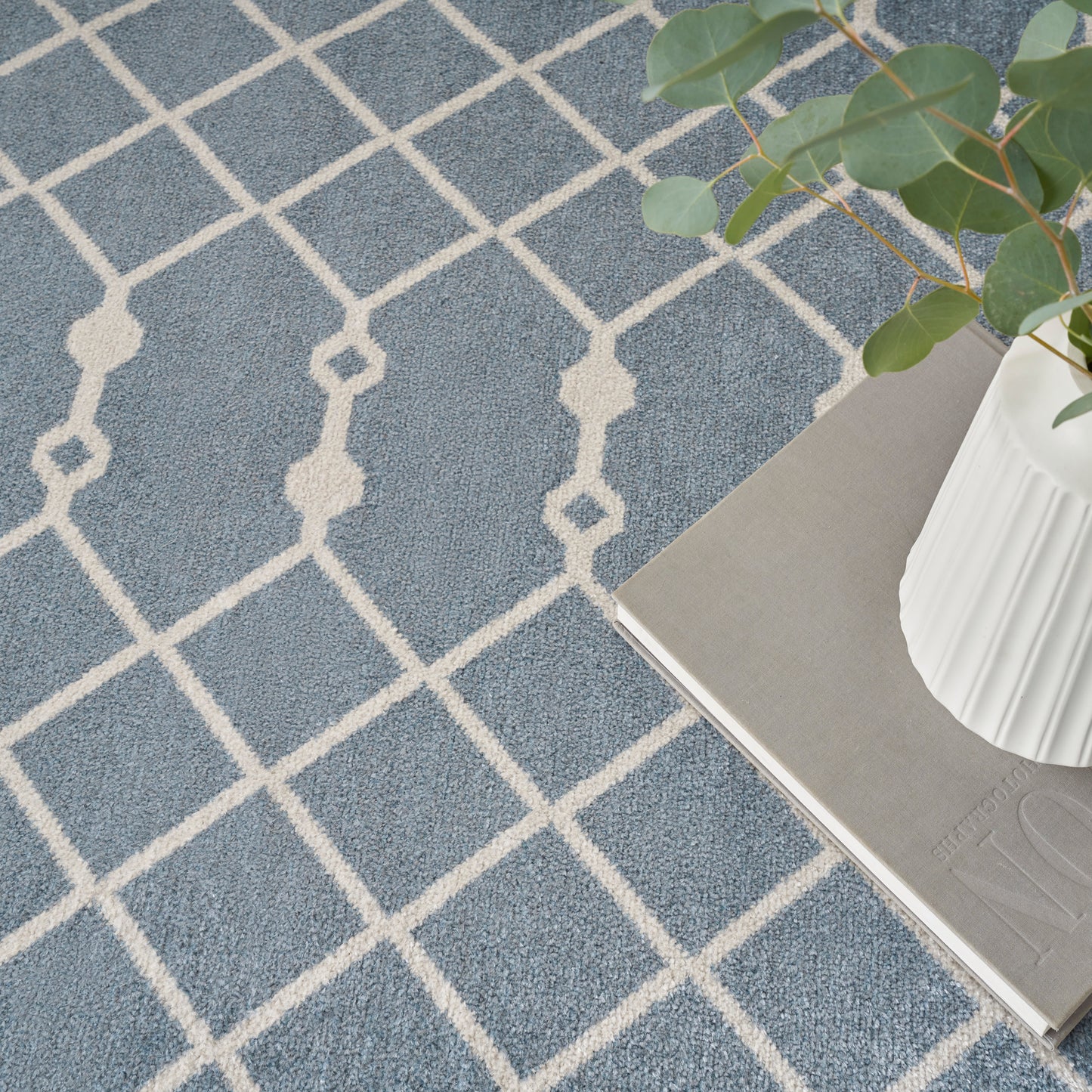 Blue-gray rug with a white geometric lattice pattern; potted plant in a white vase sits on a book beside.
