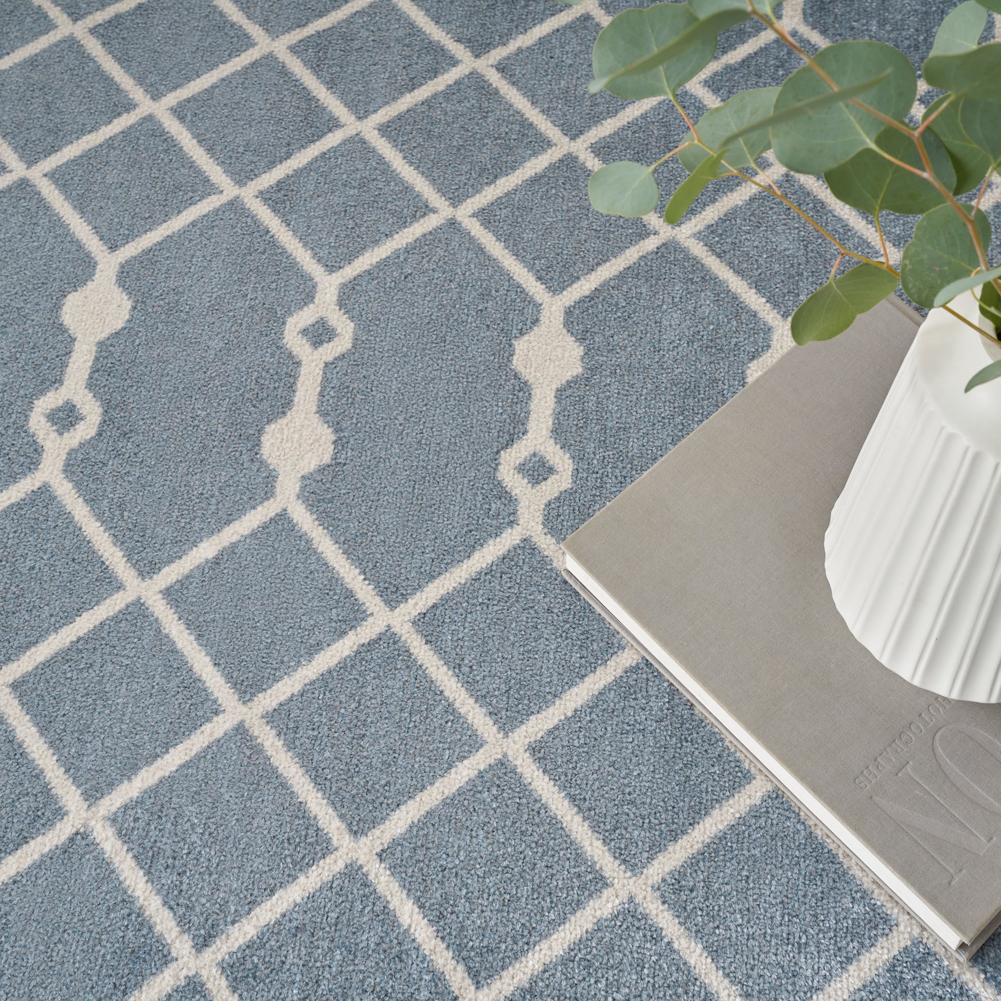 Blue-gray rug with a white geometric lattice pattern; potted plant in a white vase sits on a book beside.