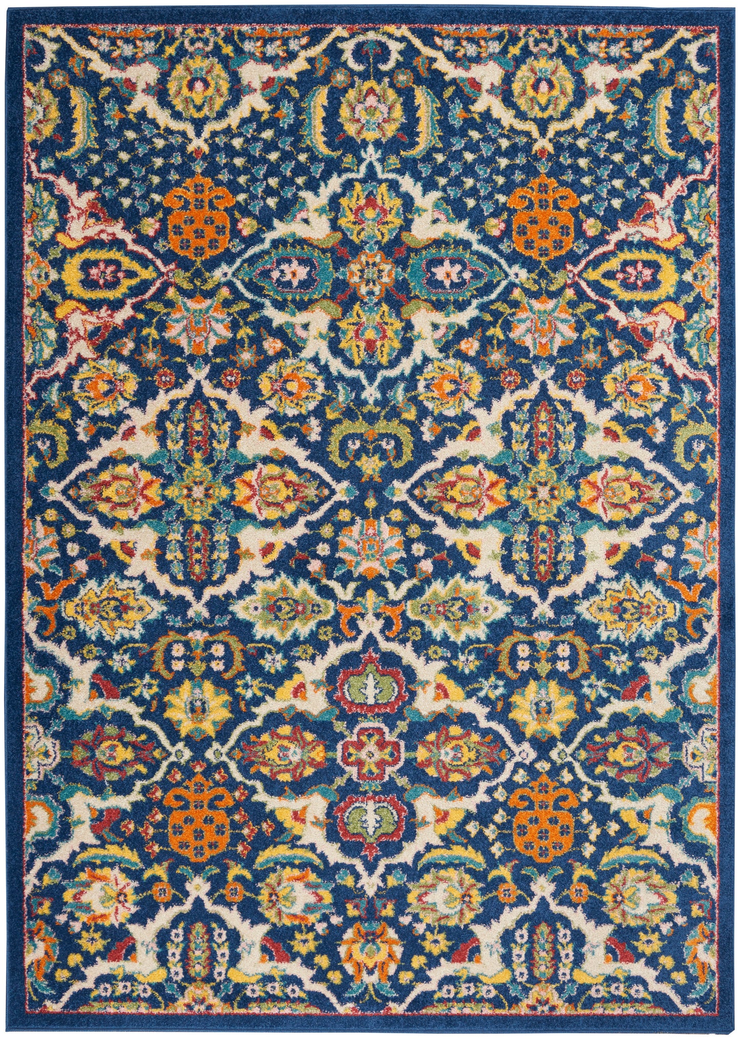 Persian-style rug with navy base & vivid multicolor floral damask pattern in orange, teal, yellow & cream.