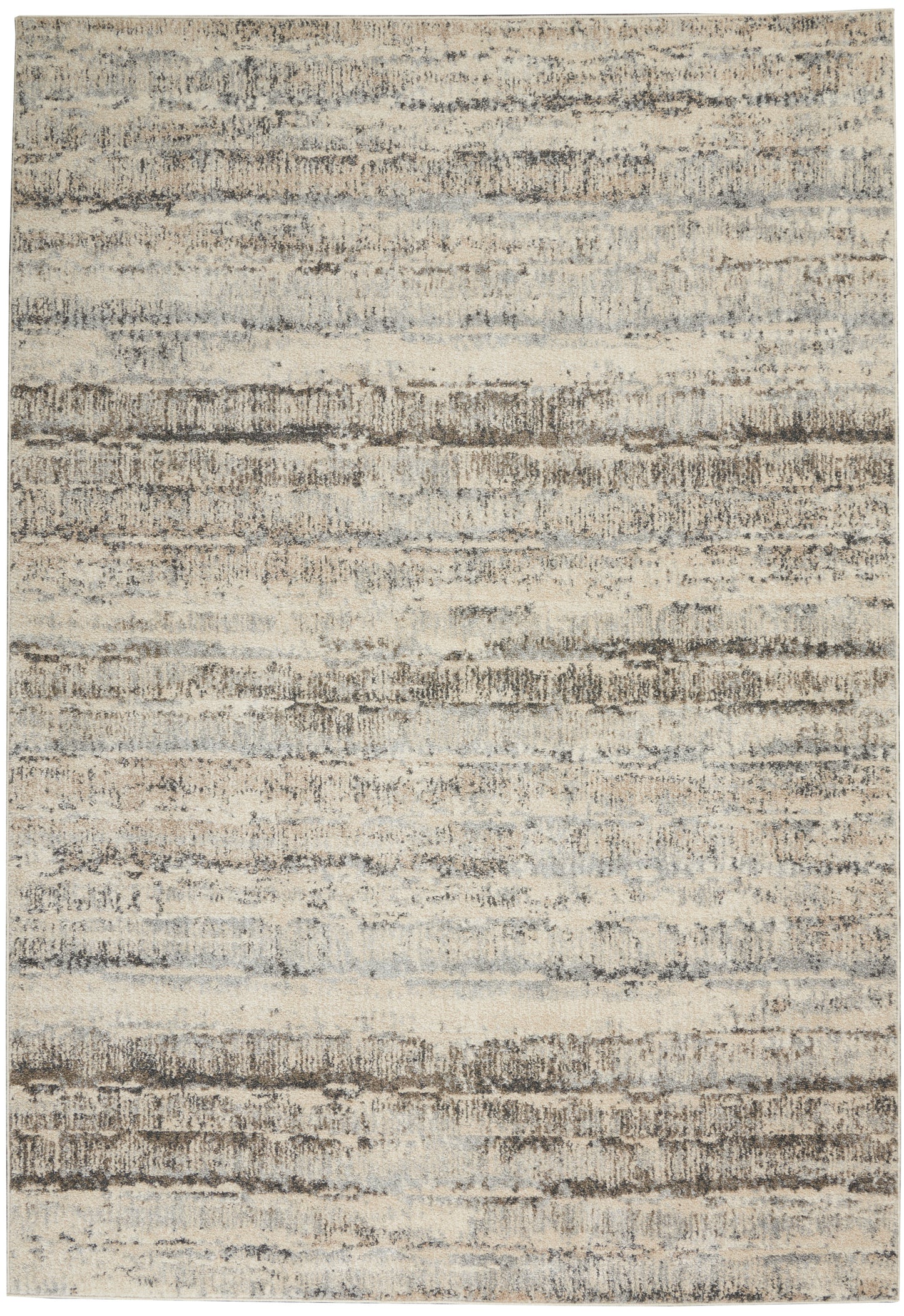 Beige abstract striped area rug with irregular brown and gray bands and soft distressed texture.