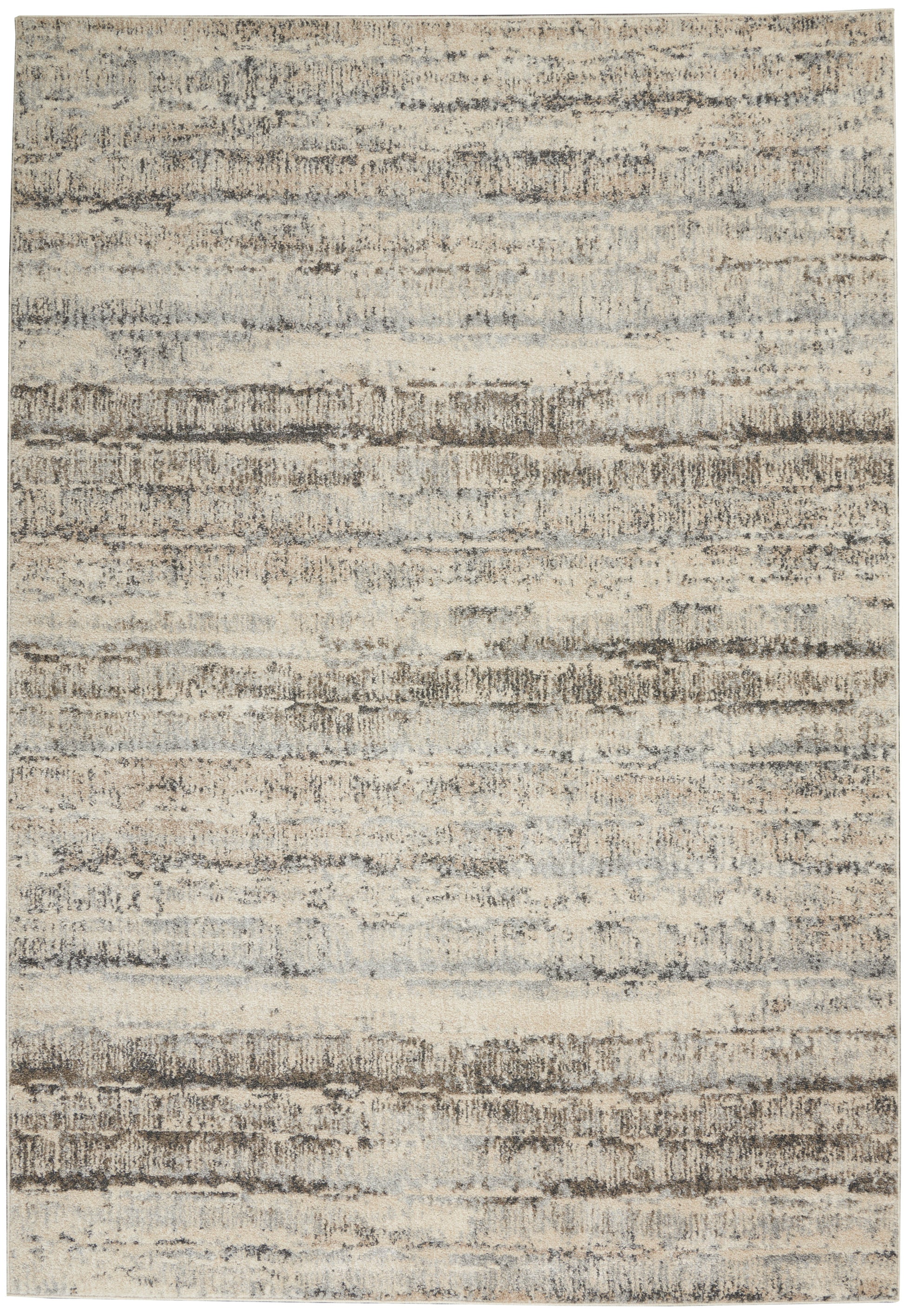 Beige abstract striped area rug with irregular brown and gray bands and soft distressed texture.