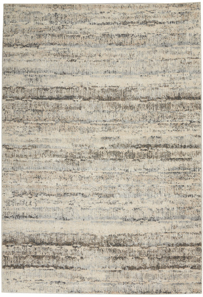 Beige abstract striped area rug with irregular brown and gray bands and soft distressed texture.