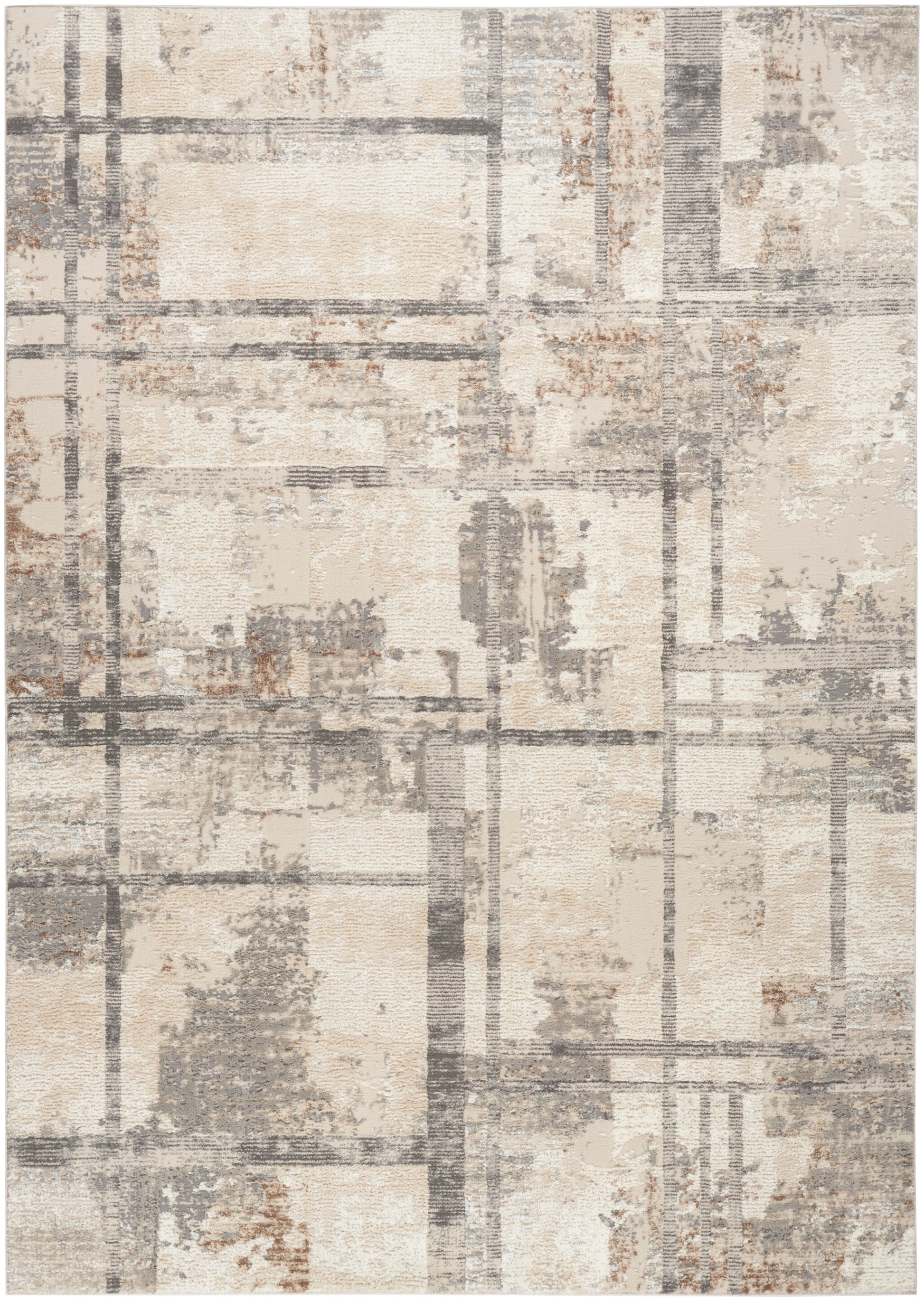 Rectangular beige and gray abstract area rug with gridlines pattern and textured blocks; modern, neutral.