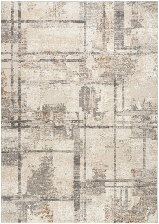 Rectangular beige and gray abstract area rug with gridlines pattern and textured blocks; modern, neutral.