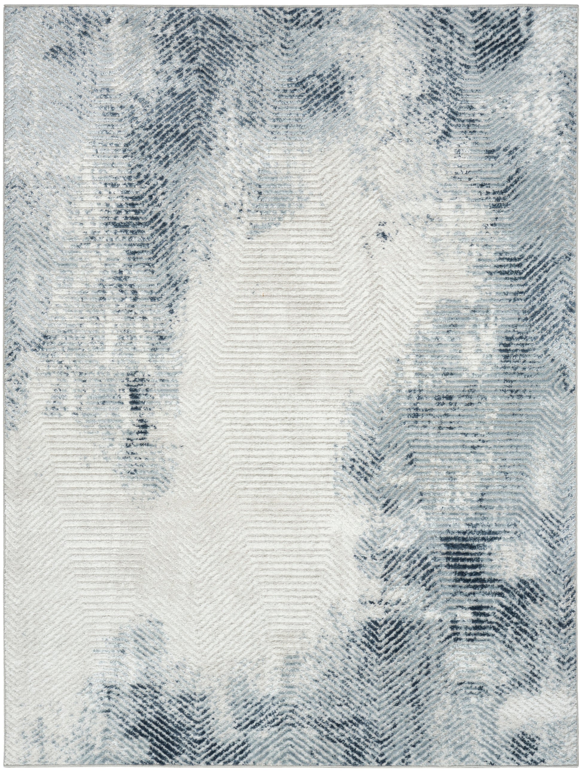 Rectangular blue-gray abstract rug with a whitewashed look and subtle chevron texture for modern living spaces.