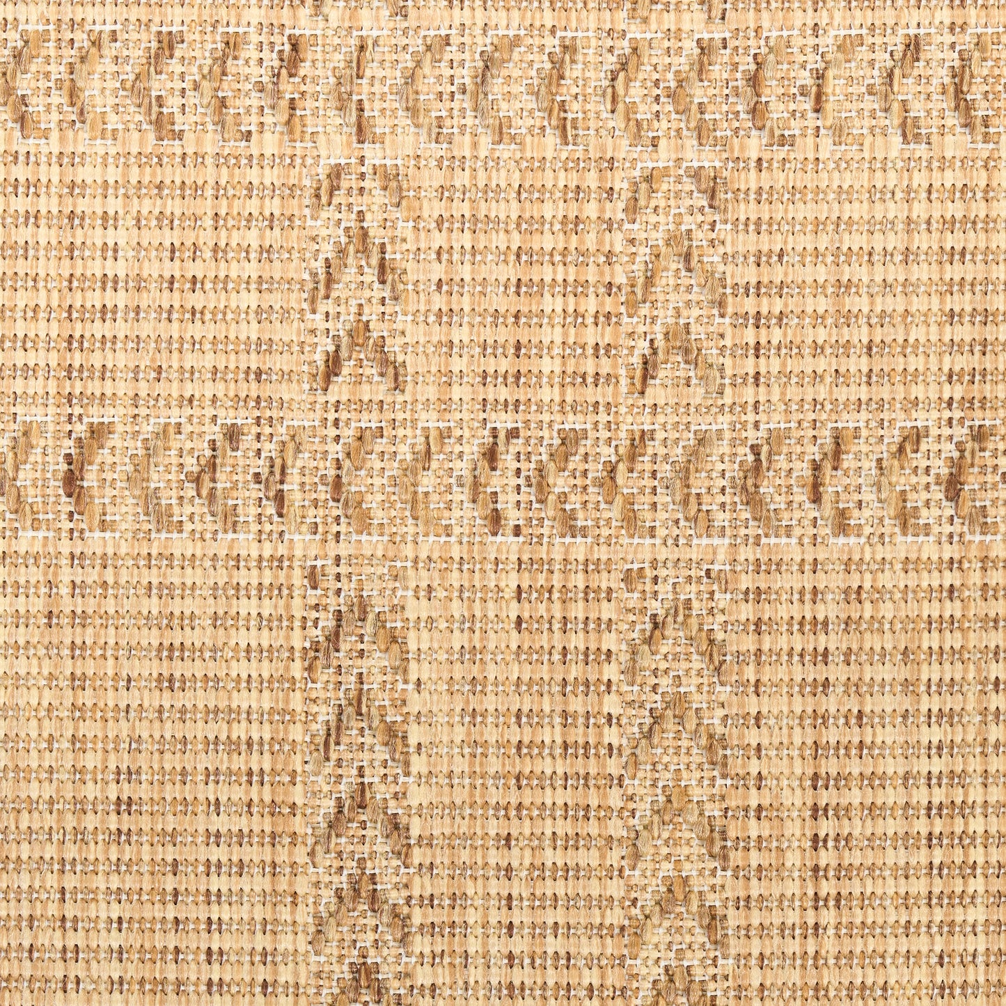 Beige woven textile with subtle chevron-diamond pattern in natural jute-like fibers; rustic rug or upholstery fabric.