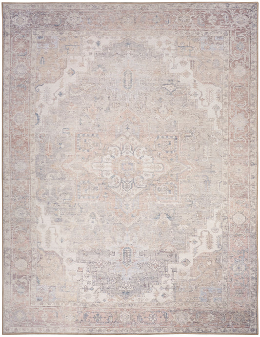 Rectangular vintage-style Persian rug with distressed ivory center, blush pink and soft gray tones, floral border.