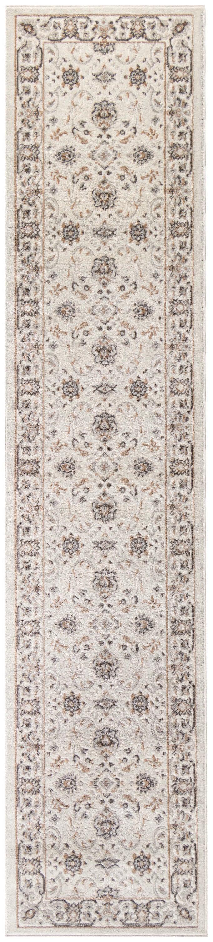 Ivory oriental rug runner with blue-gray and taupe floral medallions and decorative border.