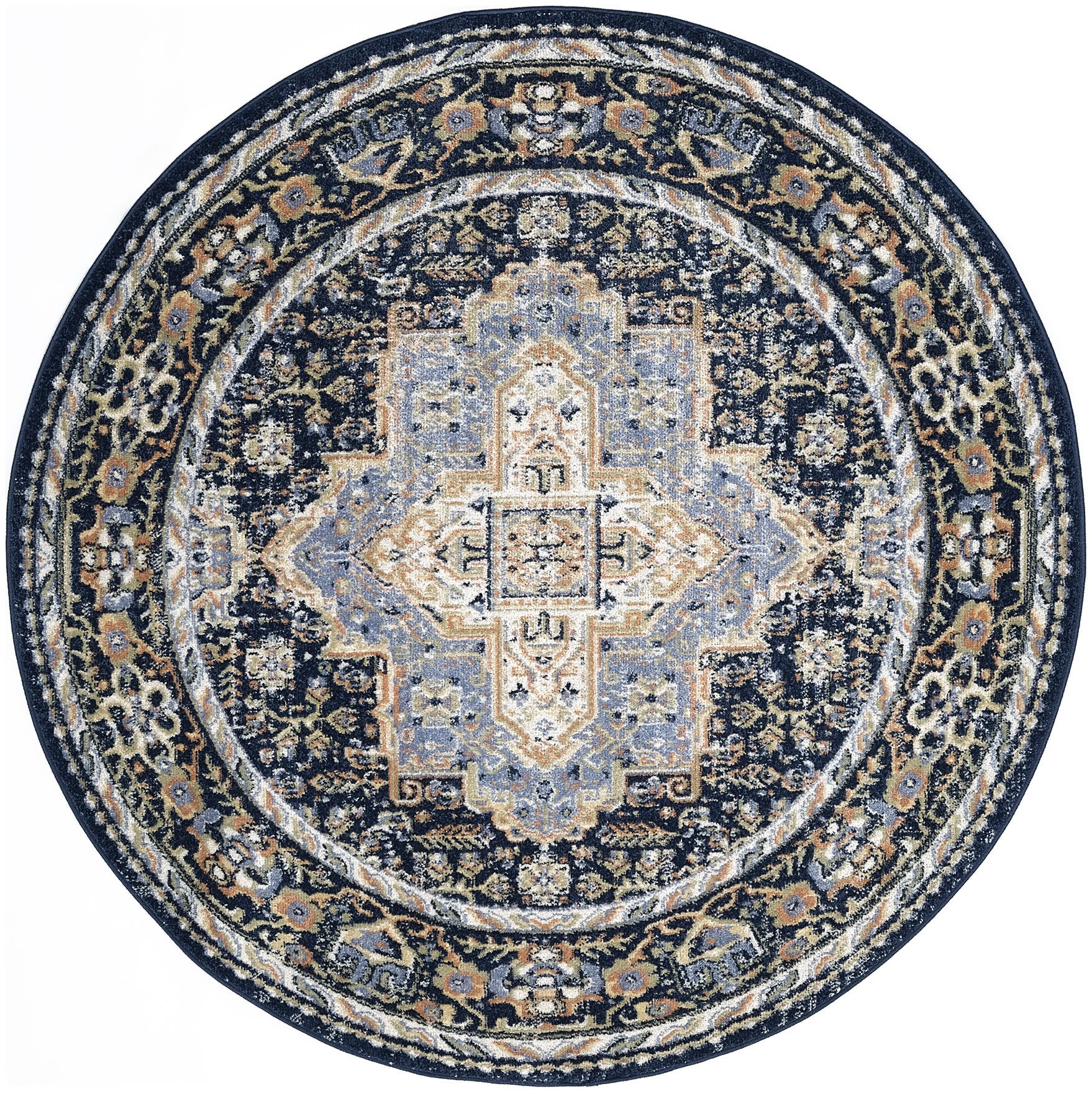 Round oriental rug with intricate light blue, cream and gold central medallion on a dark navy field, floral border.