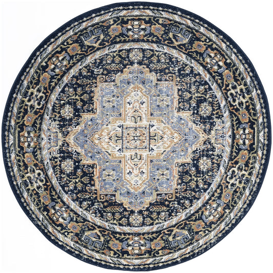 Round oriental rug with intricate light blue, cream and gold central medallion on a dark navy field, floral border.