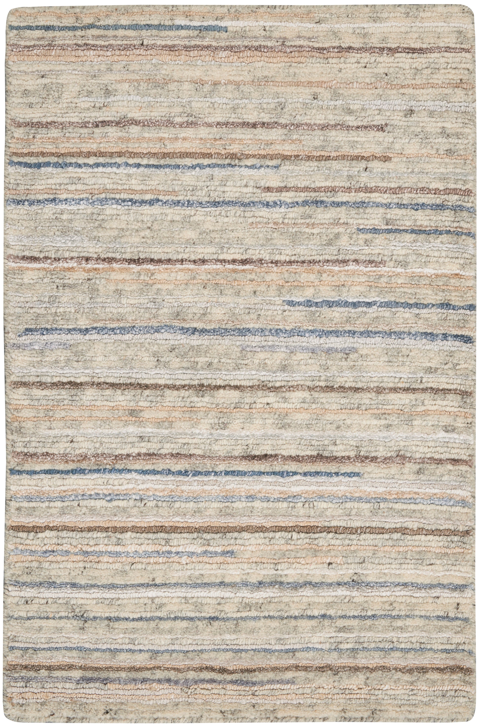 Beige shag area rug with thin blue, taupe and brown horizontal stripes; plush, textured, contemporary style.