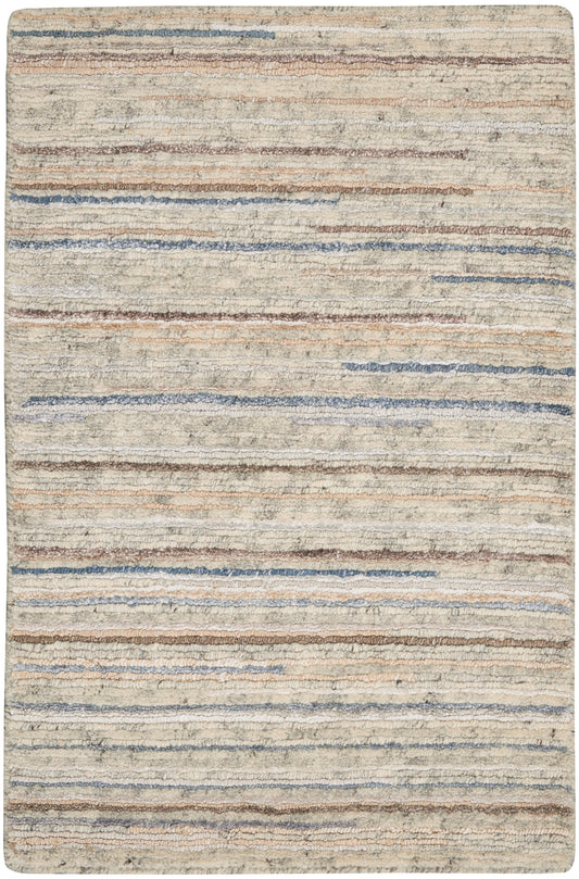 Beige shag area rug with thin blue, taupe and brown horizontal stripes; plush, textured, contemporary style.