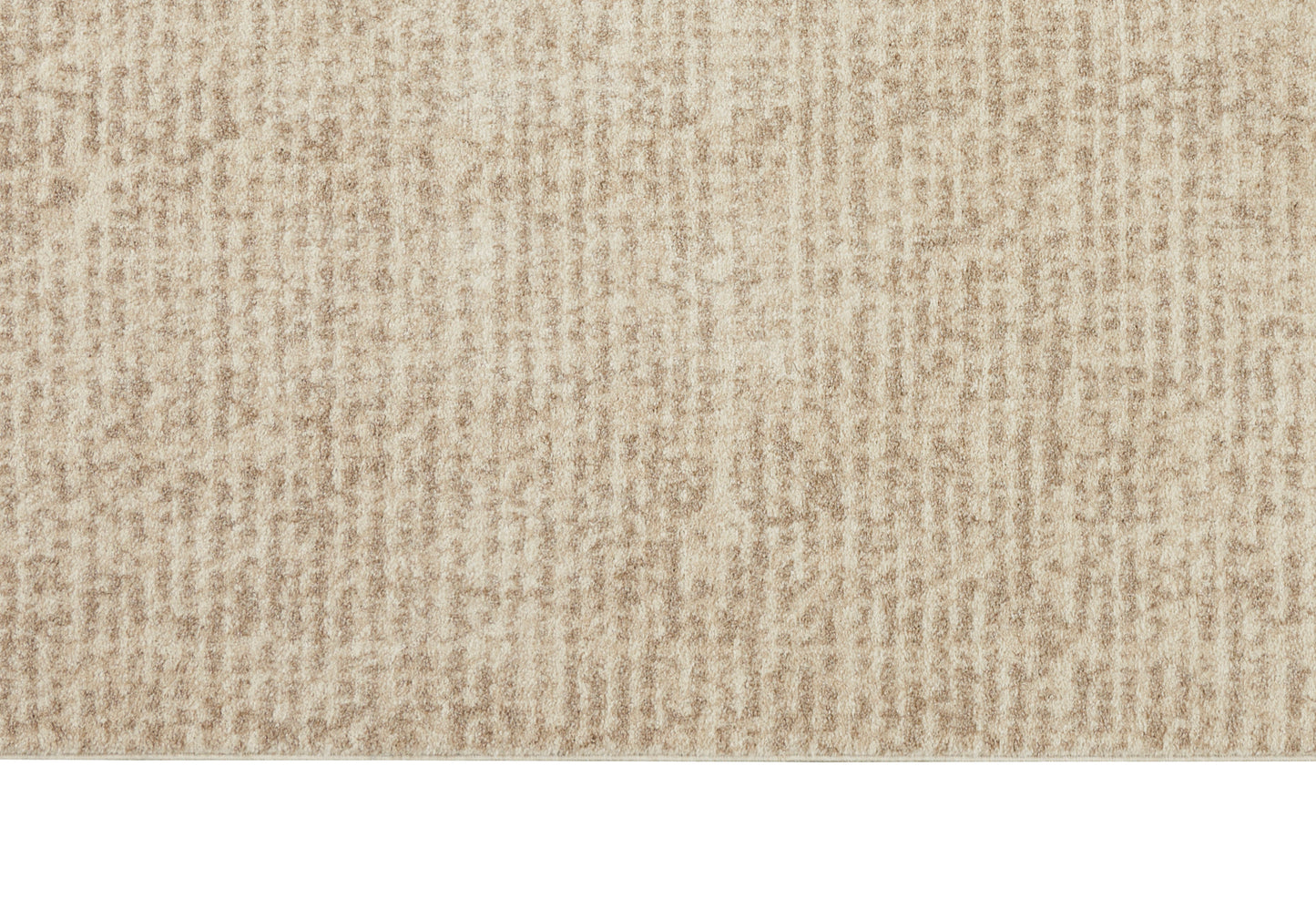 Beige textured loop-pile rug with subtle stripes; neutral home decor carpet for living room or hallway.