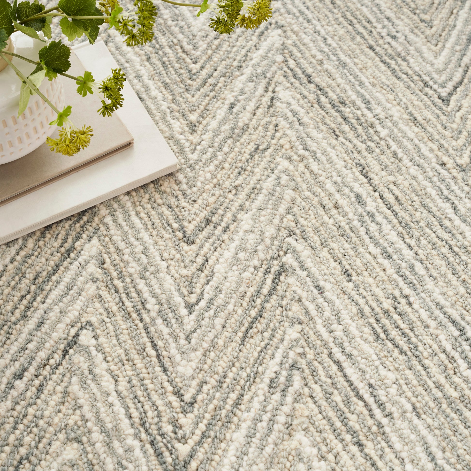 Light gray chevron shag rug in cream tones, with a stack of books & a white planter with green flowers.