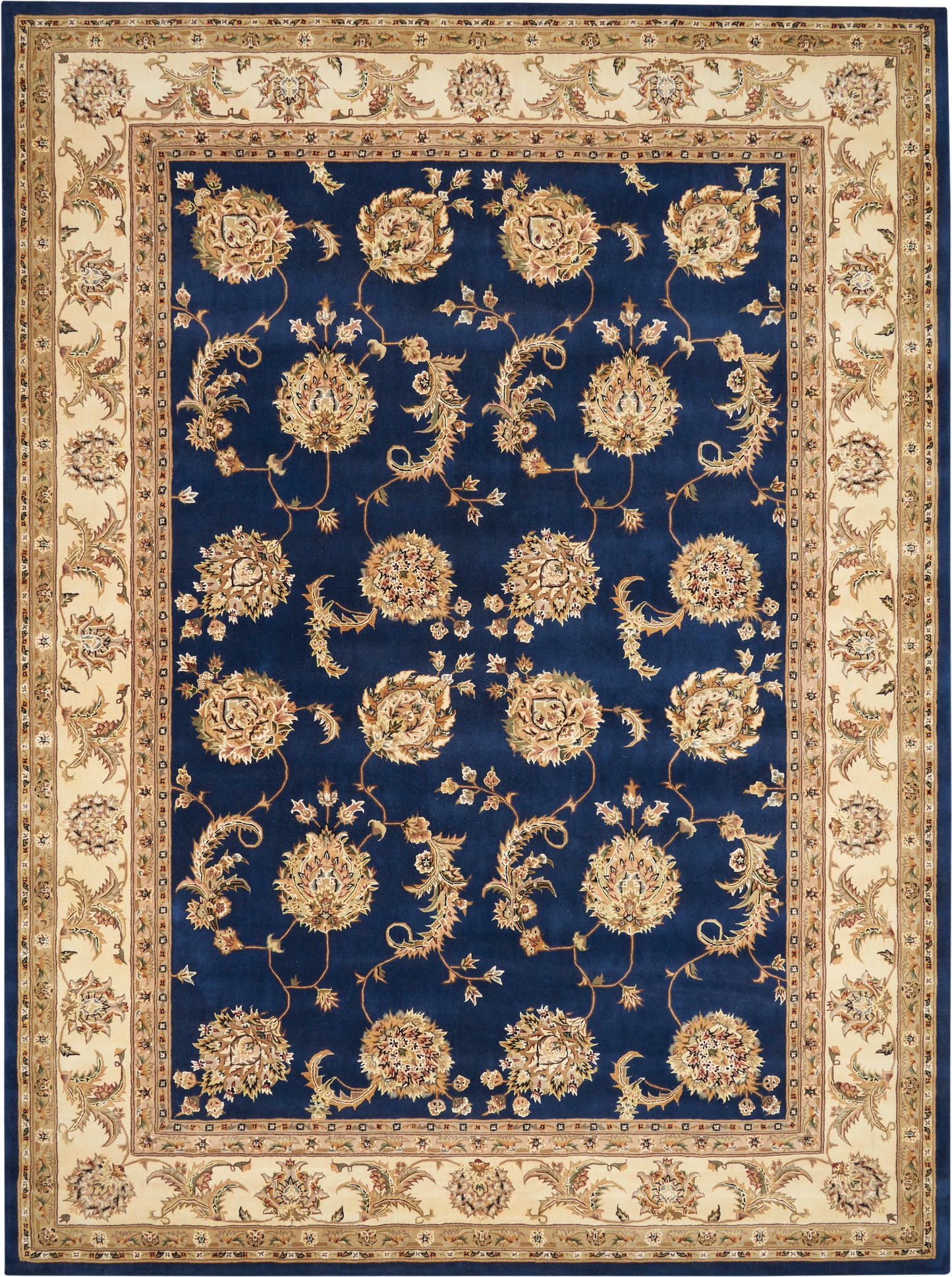 Navy blue rug with cream floral motifs and scrolling vines on a warm beige border; traditional Persian-style area rug.