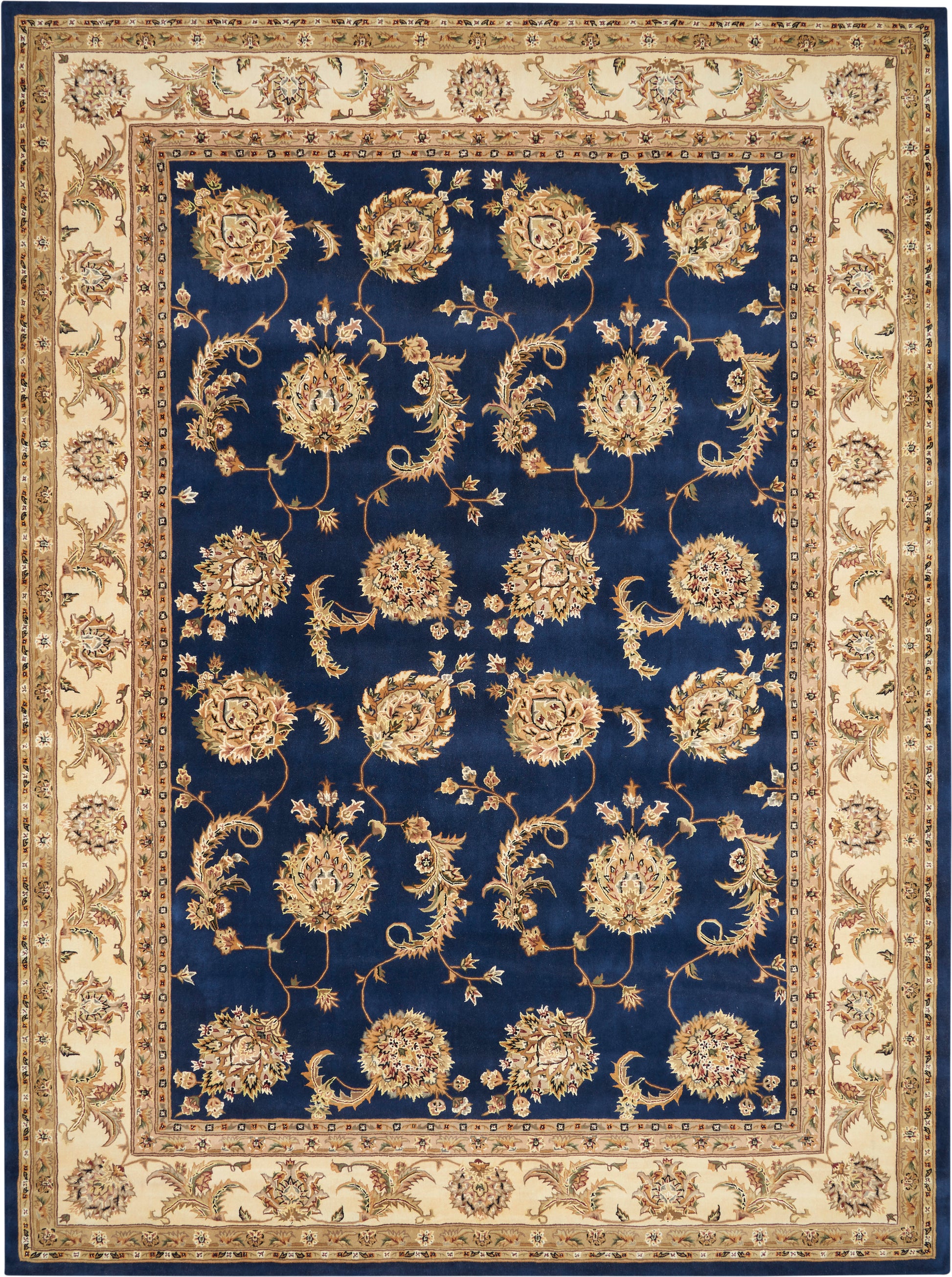 Navy blue rug with cream floral motifs and scrolling vines on a warm beige border; traditional Persian-style area rug.