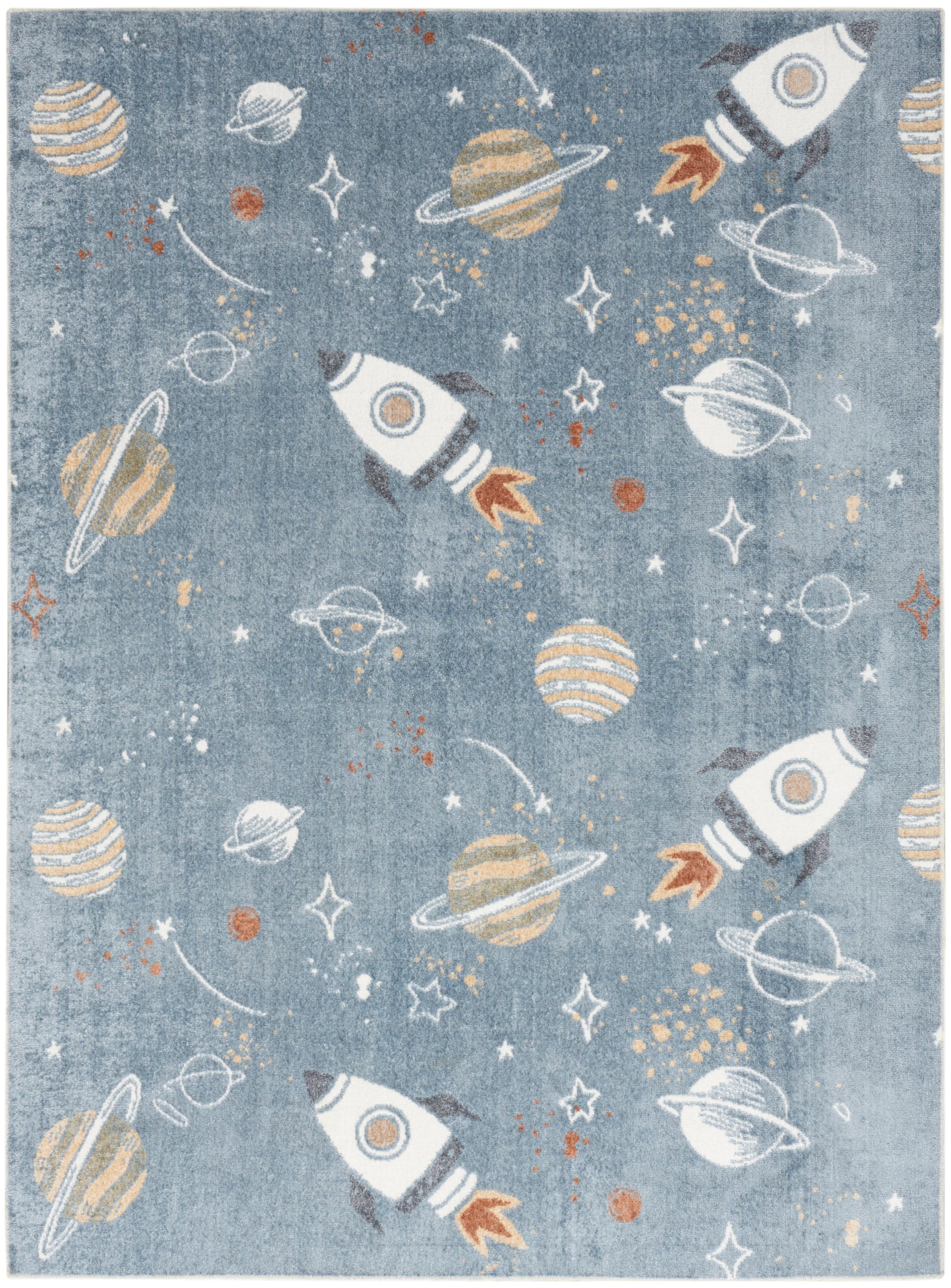 Rectangular blue space-themed rug featuring white rockets, ringed planets, stars & orange accents.