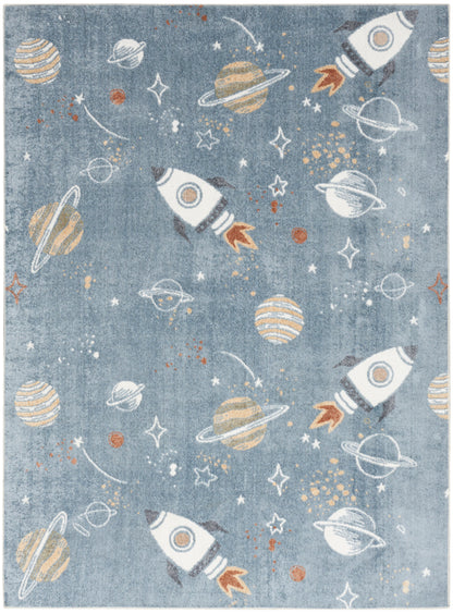 Rectangular blue space-themed rug featuring white rockets, ringed planets, stars & orange accents.